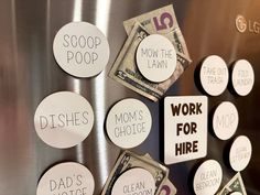 several stickers on the side of a refrigerator saying work for hire and $ 2 bills