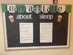 Latte sleep Medical Office Bulletin Board Ideas, Healthcare Bulletin Board Ideas, Hospital Bulletin Board Ideas, Elementary Nurse Office, Nurse Decorations