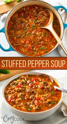 two pictures showing different types of food in the same pan, one is stuffed pepper soup