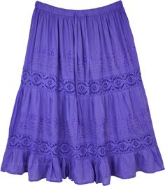 This wholesome cotton skirt in lilac blue color with gathers on top for flare is a cool bright boho skirt to welcome any season.  This is a casual everyday skirt with lace details, embroidery and panels for fullness. #tlb #Lace #TieredSkirt #Solidcoloredskirt #flaredskirt Madam Mim, Everyday Skirt, Pretty Pants, Purple Clothing, Everyday Skirts, Lilac Blue, Bright Boho, Skirt With Lace