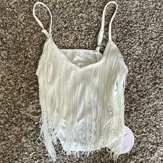 Off White Fringe Top. Adjustable Straps. Approx 18in Long. Brand New With Tag. White Fitted Tank Top For Party, White Party Top For Beach Season, Elegant White Tank Top For Beach, Elegant White Tops For Beach Season, Chic White Tank Top For Beach Season, White Fringe Top, Tops Shein, Tank Crop Top, White Fringe