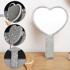 This item is for one mirror only. Outer material: rhinestone Length: 6.5 inch/16.5 cm; width 3.74-4.3 in/9.5-11cm Color: white, pink Bling Hand Mirror, Rhinestone Hand Mirror, Mini Hairbrush Mirror, Handheld Mirror With Jewels, Shiny Makeup, Pink Compact Mirror, Crystal Makeup, Heart Rhinestone, Handheld Mirror