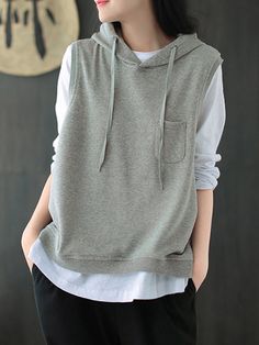 Artistic Retro Solid Hooded Vest DEEP GRAY-FREE SIZE Casual Outwear, Outfits Y2k, Vintage Vest, Hooded Vest, Sleeveless Hoodie, Purple Light, Matches Fashion, Solid Clothes, Preppy Outfits