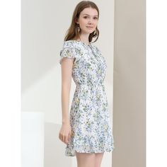 A casual, cute look is made easily with this mini dress in a flattering elastic-waist design with flowy ruffled sleeves. This pretty chiffon dress is designed with double-layered ruffle sleeves and a-line skirt, with cute floral prints throughout and a playful ruffled hem. Perfect for shopping and casual occasions. Pair it with sandals, heels, or pretty accessories for a perfect look on spring days. Chiffon Mini Dress With Short Sleeves For Day Out, Casual Ruffle Sleeve Day Dresses, Casual Knee-length Mini Dress For Daytime, Spring Chiffon Mini Dress With Ruffle Hem, Chiffon Mini Dress With Ruffle Hem And Short Sleeves, Short Sleeve Chiffon Mini Dress With Ruffle Hem, Casual Flutter Sleeve Mini Dress For Day Out, Casual Mini Dress With Flutter Sleeves For Day Out, Casual Mini Dress With Ruffle Sleeves For Daywear