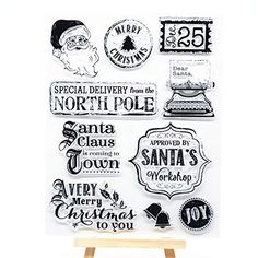 christmas stamps and stickers on a white background with the words, santa claus's workshop