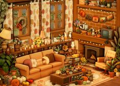 a living room filled with furniture and lots of potted plants in front of a fire place