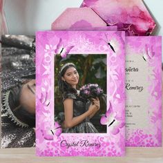 a pink wedding card with an image of a woman in a tiara and flowers