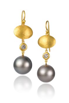 Gold, Pearl & Stone Earrings - These earrings display 14mm round, high luster Tahitian Pearls nested under a 22k oval dome and 0.20 carat diamond.  Comfortable to wear, these earrings are understated luxury. Each pair of pearl earrings will vary slightly due to their organic nature. Gold ear wires. Pearl Diamond Earrings, Tahitian Pearl Pendant, Earrings Display, Tahitian Pearl Earrings, Organic Nature, Pearl Stone, Pearl And Diamond Earrings, Understated Luxury, Artful Home