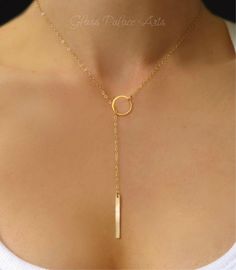 "Dainty and Beautiful Clasp-less Lariat Necklace - Perfect alone or for layering with other necklaces! * Important: See measuring instructions below. - Vertical bar is either 14K gold fill, rose gold fill or 100% sterling silver - Bar measures approx 26mm long - Small circle link is gold vermeil or sterling silver and measures 11mm - Shimmery 14k gold fill, rose gold fill or sterling silver chain - Total necklace length in picture is 20\" - Please see measuring instructions to get the right leng Minimalist Lariat Necklace For Party, Adjustable Length Jewelry For Jewelry Making, Adjustable Minimalist Lariat Necklace For Parties, Minimalist Adjustable Lariat Necklace, Lariat Necklace With Adjustable Length As Gift, Gift Lariat Necklace With Adjustable Length, Adjustable Dainty Rose Gold Lariat Necklace, Adjustable Round Minimalist Lariat Necklace, Adjustable Minimalist Lariat Necklace