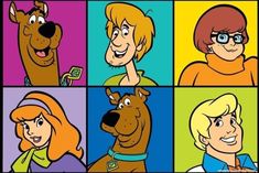 the scooby gang is featured in an animated style with four different color squares