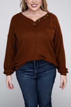 Cozy up in our women's plus v-neck waffle knit sweater. features a flattering v-neckline, button detail, and oversized fit for ultimate comfort. Wardrobe Color, Knit Texture, Waffle Knit Sweater, Comfortable Sweater, Sweater Fits, Button Sweater, Detailed Sweater, Activewear Sets, Sheer Fabrics