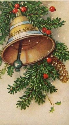 a christmas card with a bell and pine cones