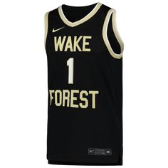 Add a bold finish to your game day look with this Wake Forest Demon Deacons jersey from Nike. Lightweight and sleeveless, it's made with Dri-FIT fabric to offer breathability and comfort. This replica jersey draws inspiration from the gear worn by the Wake Forest Demon Deacons on the court, featuring classic trims, team details and numbers on the front and back. Move To Zero is Nike's journey toward zero carbon and zero waste to help protect the future of sport. Apparel labeled sustainable mater College Team Spirit Sleeveless Jersey, Sleeveless College Jersey With Team Spirit Style, Collegiate Sleeveless Jersey For College, Sleeveless Cotton Jersey With Team Spirit, Sleeveless Collegiate Jersey For Game Day, Collegiate Sleeveless Jersey For Team Events, Collegiate Black Sleeveless Top, Sleeveless Team Logo Jersey For Game Day, Game Day Sleeveless Jersey With Team Logo