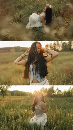 three different shots of a woman sitting in the middle of a field with her hands on her head