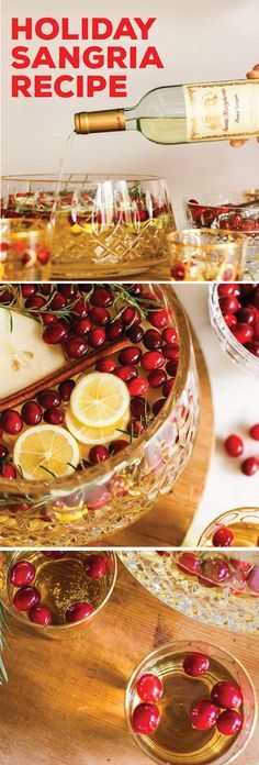 holiday sangriya recipe with cranberries and lemons on a platter