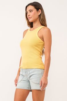 Racer back tank, crew neck finished sleeveless with ribbed neck & armhole band. Solid color knit fitted. The perfect match, the always comfortable and lavish, forever indulged.Body length from HPS: 23", Sleeve length: N/A, Bust: 29" (Size Small) 96% COTTON 4% SPANDEX Machine wash cold, Tumble dry low Imported Yellow Ribbed Sleeveless Tank Top, Yellow Ribbed Stretch Tank Top, Sporty Ribbed Crew Neck Tank Top, Spring Everyday Racerback Tops, Ribbed Crew Neck Tank Top, Basic Crew Neck Tank Top For Spring, Yellow Sleeveless Sporty Tank Top, Yellow Fitted Tank Top With Straps, Yellow Fitted Tank Top With Tank Straps