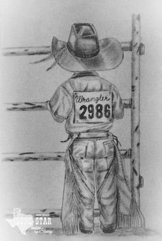 a drawing of a cowboy leaning against a fence with his name on the shirt and hat