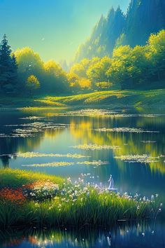 a painting of a lake surrounded by trees and flowers