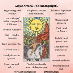 the sun tarot card with an image of a woman riding a horse and other words below it