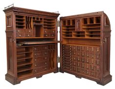 two large wooden cabinets with drawers and doors on each side, one open to reveal the other