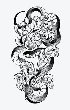 a drawing of flowers and swirls in black and white