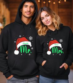 Personalized Christmas Couple Hoodie, Custom Mr. and Mrs. Hoodie, Customized Christmas Gift For New Married, Funny Couple Hoodie HOW TO ORDER 1-) Please, check and review all photos 2-) Choose your item size and color 3-) Click add to cart. You can go back to add more product 4-)Click "Proceed to check out" 5-)When you check out, you can add a note to seller for any request PRODUCT FEATURE It's a 50% Cotton /50% polyester, 13.5oz fleece. It features a double-needle collar, shoulders, and armholes. It also features double-needle cuffs, a banded bottom, set-in sleeves and a quarter-turned body and 1X1 Athletic rib with Lycra®. WASHING INSTRUCTIONS Wash inside out in cold water on a gentle cycle. Tumble dry on low heat or air dry Do not use fabric softener or bleach Do not dry clean Avoid iro Christmas Long Sleeve Cotton Hoodie, Winter Gift Hooded Sweatshirt, Winter Cotton Hoodie Gift, Hooded Winter Sweatshirt Gift, Winter Cotton Hoodie As Gift, Winter Hoodie In Cotton As Gift, Christmas Cotton Hoodie With Letter Print, Winter Gift Hooded Hoodie, Winter Hooded Hoodie As Gift