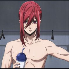 a shirtless man with red hair holding a drink