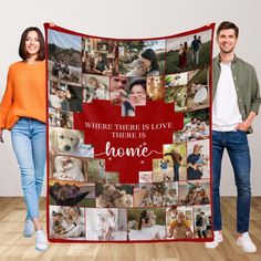 a man and woman standing next to a red blanket with pictures on it that says, where there is love there is home