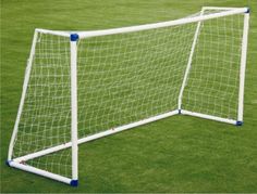 a soccer goal on the grass with blue balls