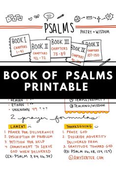 the book of palms printable is shown in black and white, with yellow lettering