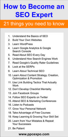 an info sheet with the words how to become an seo expert