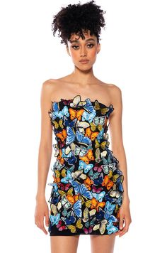 TAKE FLIGHT STRAPLESS BUTTERFLY PATCH MINI DRESS in multi Summer 2023 Style, Spring Fling Dress, Butterfly Patch, Butterfly Costume, Butterfly Fashion, Theme Dress, City Dress, Butterfly Dress, Floral Jacket