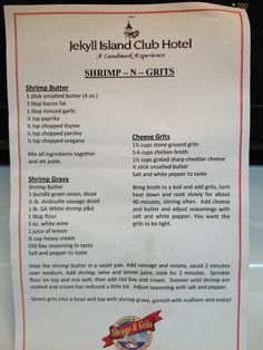 the menu for jekyl island club hotel shrimp n - n - grits