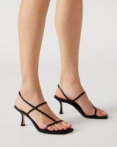 LOCKE Black Dainty Strappy Square Toe Heel | Women's Heels – Steve Madden Heels Steve Madden, Steve Madden Store, Apparel Merchandising, Chic Shoes, Square Toe Heels, Leather Socks, 3 Inch Heels, Women's Heels, Toe Designs