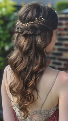 Flawless Prom Nights: 23 Stunning Half Up Half Down Hairstyles Braided Crown Hairstyles Half Up, Half Up Braid Hairstyles, Crown Braid Half Up Half Down, Prom Hair Inspo, Half Down Prom Hairstyles, Half Up Half Down Prom, Down Prom Hairstyles, Rapunzel Wedding, Princess Hairstyle