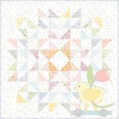 a quilt pattern with a bird holding a flower on it's head and the words love