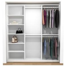 an open white closet with clothes and handbags on the shelves, against a white wall