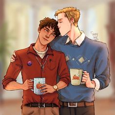 two young men standing next to each other, one holding a coffee cup and the other kissing