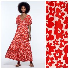 Nwt. Zara Red Poplin Floral Print V-Neck Midi Dress With Short Sleeves With Elastic Cuffs, Flounced Hem. Size Xs. Ref 8342/314. Pit To Pit 16" Flat, Sleeves 14", Waist 15", Length 52". 1075 Printed Red V-neck Dress, Spring Red Printed Dresses, Red Printed V-neck Maxi Dress, Red Printed Midi Dress For Spring, Red Printed Cotton Maxi Dress, Red V-neck Maxi Dress For Spring, Summer Red Printed Midi Dress, Red Floral Print V-neck Dress, Chic Red Printed Midi Dress