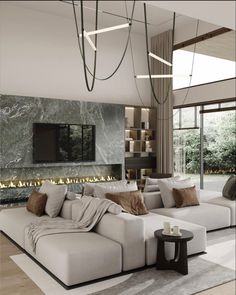 modern living room with large white couch and fireplace