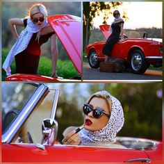 a woman in sunglasses and a scarf leaning on a red car