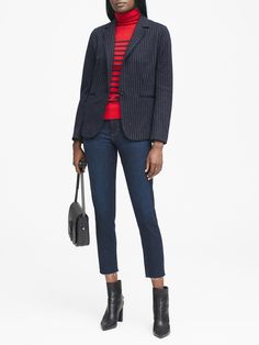 Unstructured Pinstripe Stretch-Knit Blazer | Banana Republic Casual Tailored Striped Blazer, Casual Striped Blazer For Work, Striped Casual Blazer For Business Casual, Casual Striped Blazer For Office, Casual Pinstripe Blazer For Work, Striped Outerwear With Welt Pockets For Fall, Fall Striped Outerwear With Welt Pockets, Winter Striped Blazer For Business Casual, Striped Lapel Collar Blazer For Fall