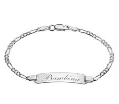 Our custom engraved sterling silver baby ID bracelet can be personalized on both sides for that special baby. The silver baby bracelet can be engraved with the child's name, birth date or monogrammed initials in any of the font styles shown among the sample pictures. The bracelet is made from high-quality sterling silver that will never corrode, rust or change color. Sterling Silver Baby ID Bracelet Fits Smaller Wrist Sizes: up to 5 1/2 inches (please measure wrist prior to purchase) Material Fi Classic Silver Name Bracelet For Birthday, Classic Engraved Bracelets For Birthday, Silver Bracelets With Engraving Option For Birthday, Silver Nameplate Bracelet With Hallmarks, Adjustable Engraved White Gold Charm Bracelet, White Engraved Bracelet For Birthday, Silver Baby Bracelet, Medical Bracelet, Kids Bracelets