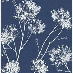 a blue and white floral wallpaper with flowers on the top right hand side, in front of a dark blue background