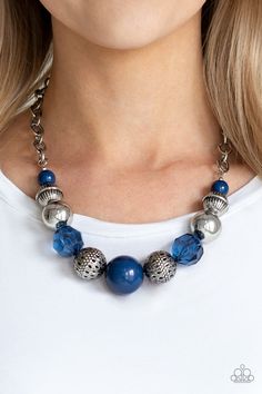 A collection of antiqued silver beads, glassy blue crystal-like beads, and oversized blue beads are threaded along an invisible wire below the collar. Textured in linear patterns, an antiqued silver chain attaches to the colorful compilation for a statement-making finish. Features an adjustable clasp closure. Sold as one individual necklace. Includes one pair of matching earrings. P2ST-BLXX-041XX Sugar Sugar, Jasper Earrings, Silver Necklace Statement, Classic Earrings, Paparazzi Accessories, Jewelry Choker, Blue Necklace, Blue Beads, Blue Crystals