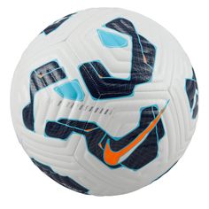 a white soccer ball with blue and orange details