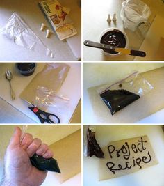 four pictures showing the process of making project rijee with scissors and other items