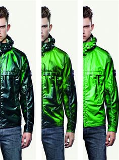 Smart textiles Heat Reactive Jacket by Stone Island, a tracksuit top which changes colour from black to green/ blue once it has reached 27 degrees. The fabric that is cotton nylon with thermosentive liquid crystals that react to heat. Smart Textiles Fashion, High Tech Fashion, Smart Textiles, E Textiles, Smart Materials, Technology Fashion, Tracksuit Tops, Wearable Tech, Colour Changing