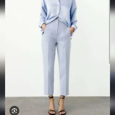 Zara Baby Blue High Rise Darted Cropped Trouser Pants Light Blue Chinos, Baby Blue Pants, High Waisted Trouser Pants, Pants Light Blue, Cropped Trouser, Floral Trousers, Drawstring Waist Pants, Oyster White, Womens Chinos