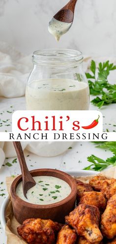 this is an advertisement for chili's ranch dressing with chicken wings and ranch dressing in the background